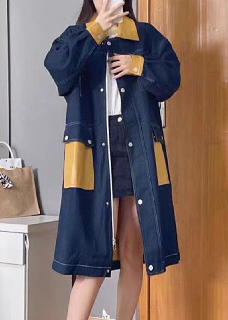 Bohemian Denim Blå Peter Pan Krage Patchwork Glidelåsknapp Lin Lang Trench Coats Fall - Trenchcoats for kvinner