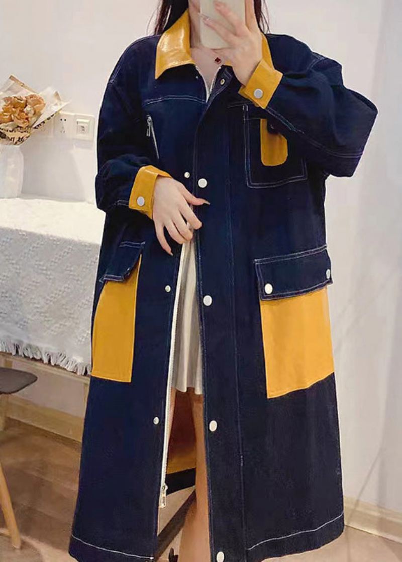 Bohemian Denim Blå Peter Pan Krage Patchwork Glidelåsknapp Lin Lang Trench Coats Fall - Trenchcoats for kvinner