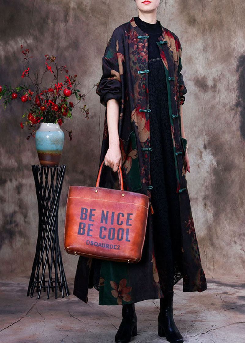 Bohemian Green Print Patchwork Side Åpen Oriental Button Trench Coat Langermet