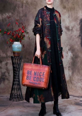 Bohemian Green Print Patchwork Side Åpen Oriental Button Trench Coat Langermet