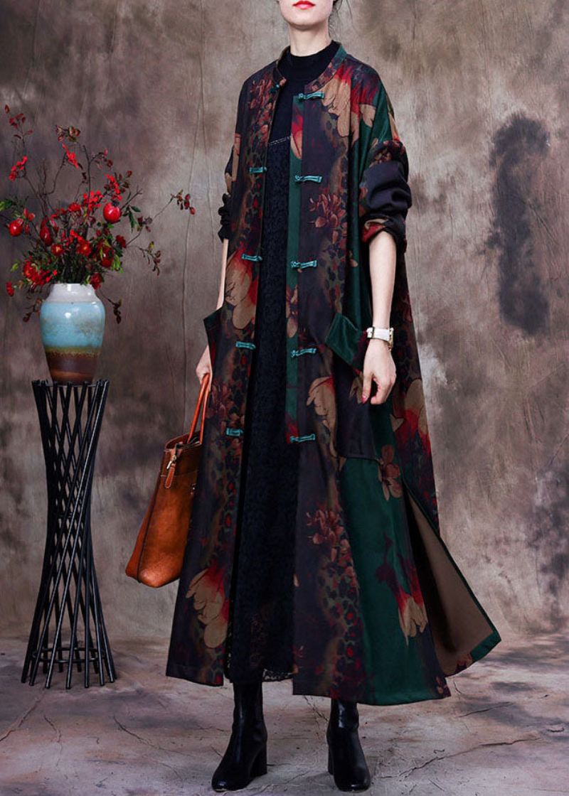 Bohemian Green Print Patchwork Side Åpen Oriental Button Trench Coat Langermet - Trenchcoats for kvinner