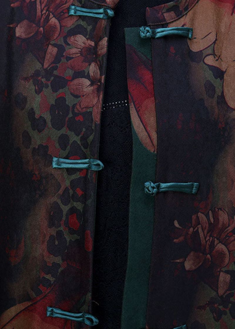 Bohemian Green Print Patchwork Side Åpen Oriental Button Trench Coat Langermet - Trenchcoats for kvinner