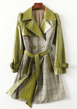 Bohemian Grønn Peter Pan Krage Stripet Patchwork Tie Midje Knapplommer Lær Trench Coats Langermet