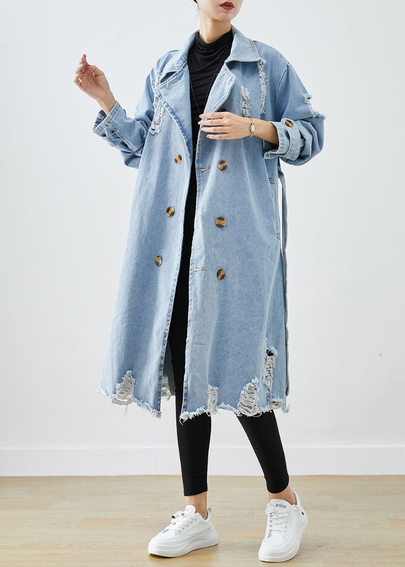 Bohemian Light Blue Lapel Double Breast Denim Ripped Coats Fall