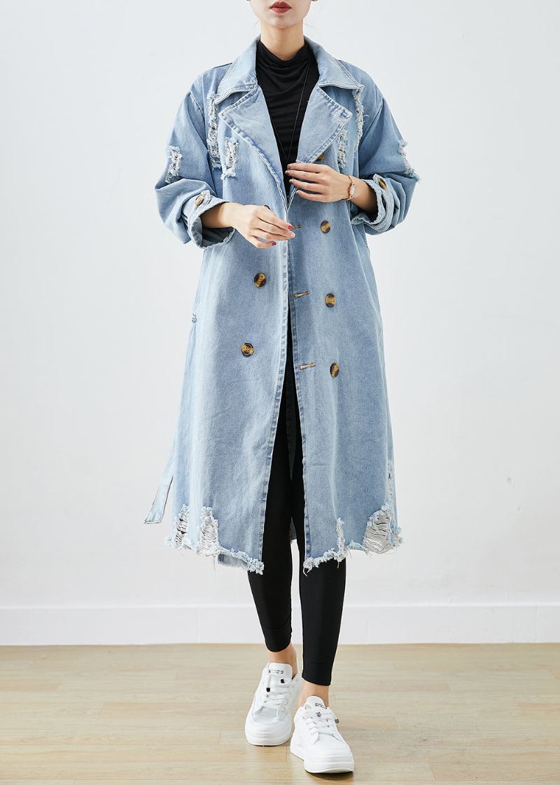 Bohemian Light Blue Lapel Double Breast Denim Ripped Coats Fall - Trenchcoats for kvinner