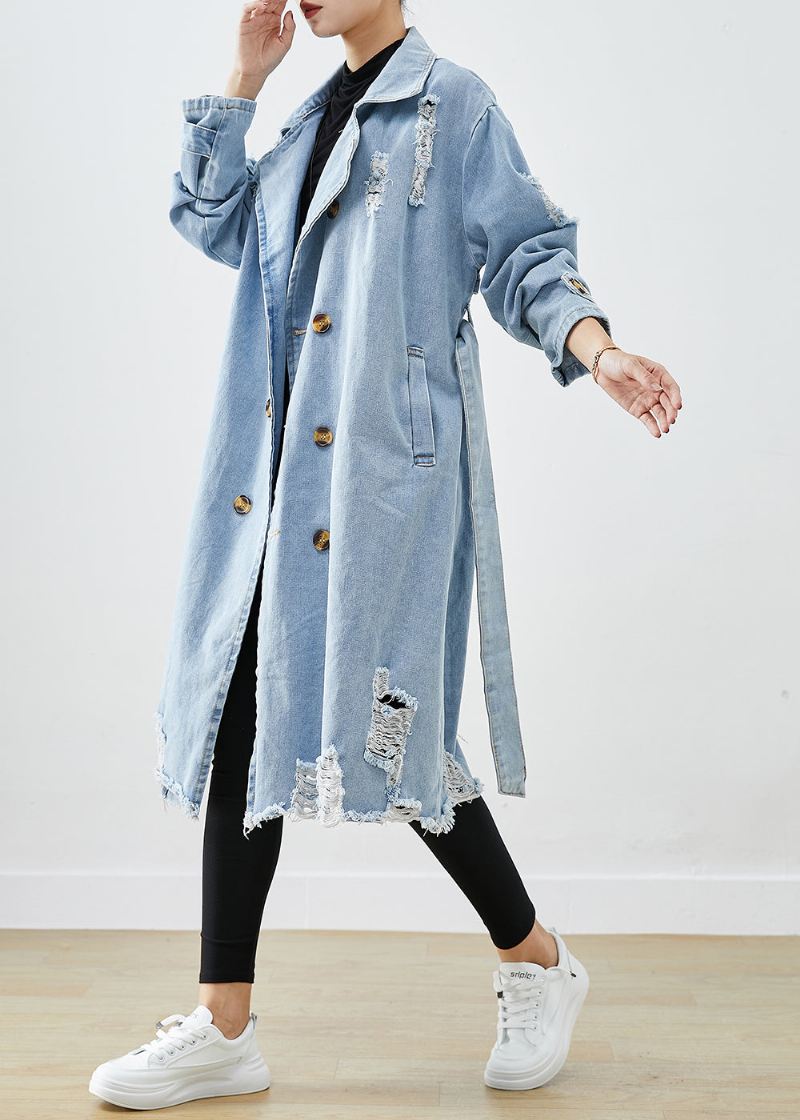 Bohemian Light Blue Lapel Double Breast Denim Ripped Coats Fall - Trenchcoats for kvinner