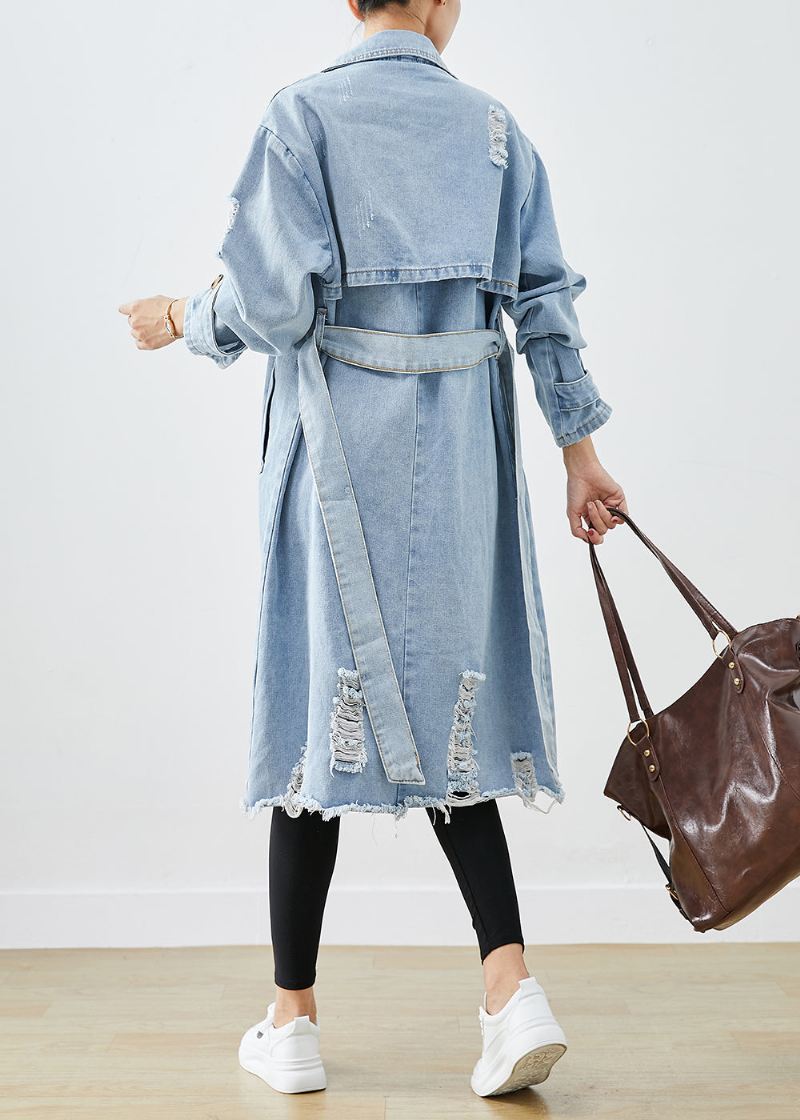 Bohemian Light Blue Lapel Double Breast Denim Ripped Coats Fall - Trenchcoats for kvinner