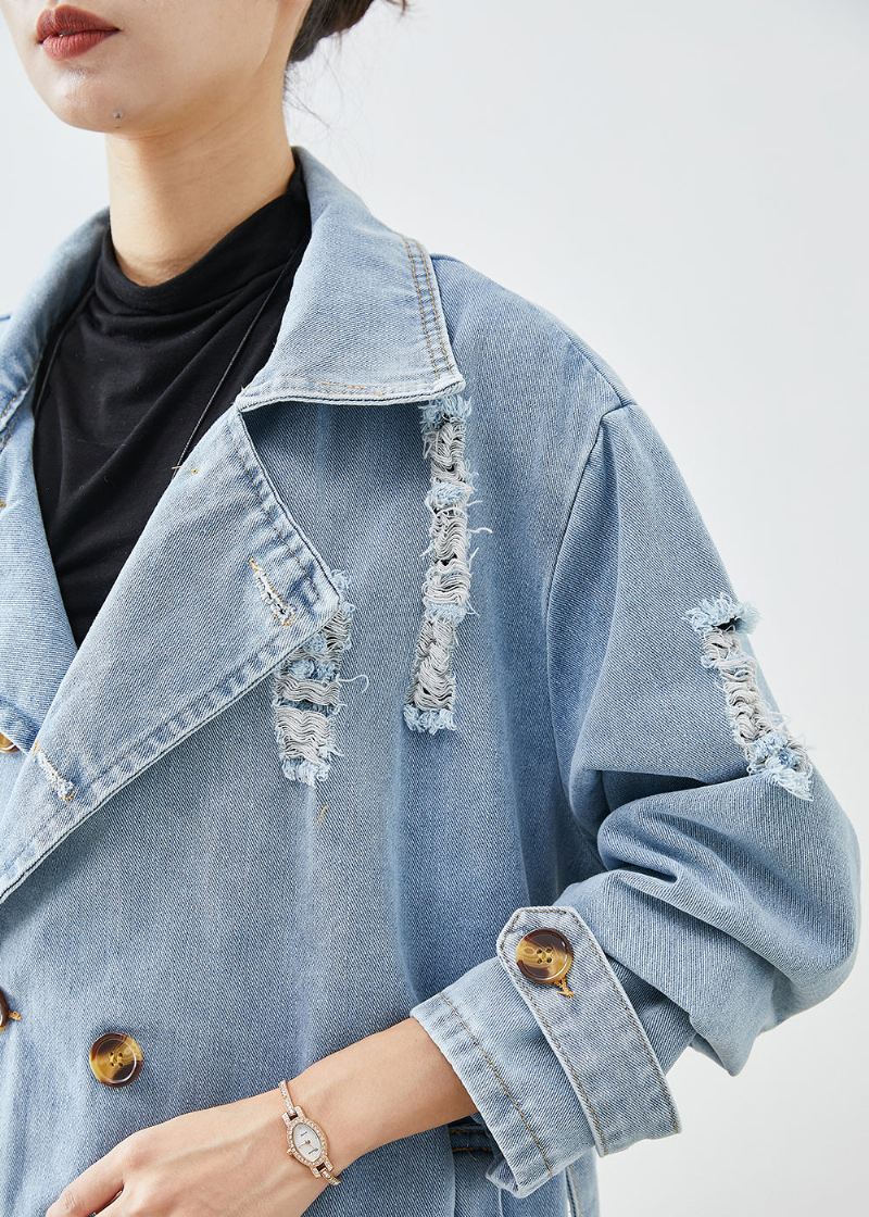 Bohemian Light Blue Lapel Double Breast Denim Ripped Coats Fall - Trenchcoats for kvinner