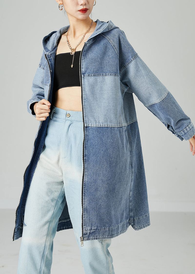 Bohemian Light Blue Oversized Patchwork Cotton Denim Coat Spring - Trenchcoats for kvinner