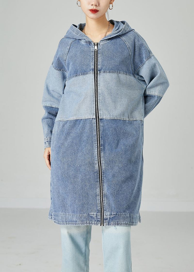 Bohemian Light Blue Oversized Patchwork Cotton Denim Coat Spring - Trenchcoats for kvinner