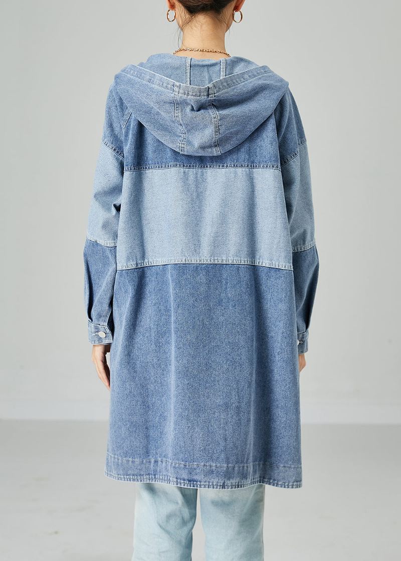 Bohemian Light Blue Oversized Patchwork Cotton Denim Coat Spring - Trenchcoats for kvinner