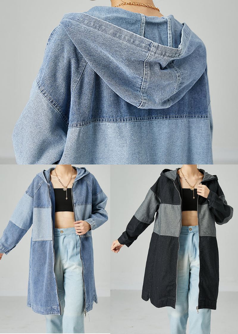 Bohemian Light Blue Oversized Patchwork Cotton Denim Coat Spring - Trenchcoats for kvinner