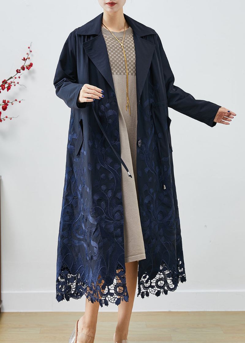 Bohemian Navy Brodert Tie Midje Spandex Trench Coats Høst