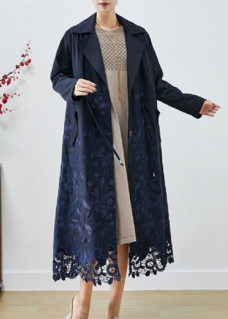 Bohemian Navy Brodert Tie Midje Spandex Trench Coats Høst