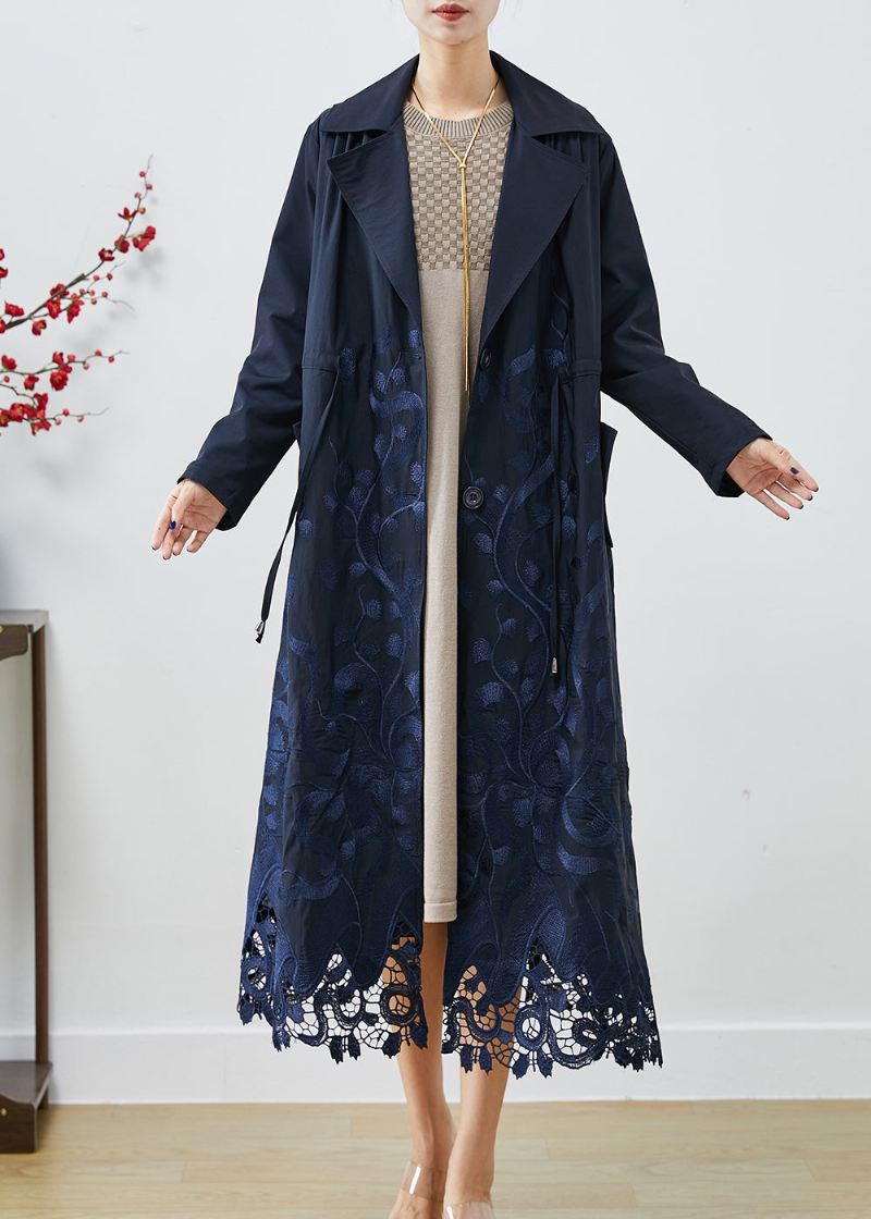 Bohemian Navy Brodert Tie Midje Spandex Trench Coats Høst - Trenchcoats for kvinner