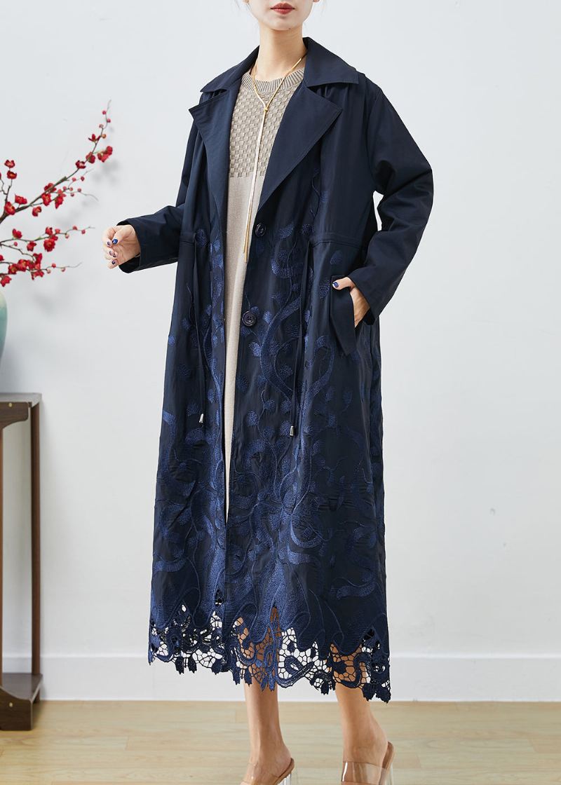 Bohemian Navy Brodert Tie Midje Spandex Trench Coats Høst - Trenchcoats for kvinner