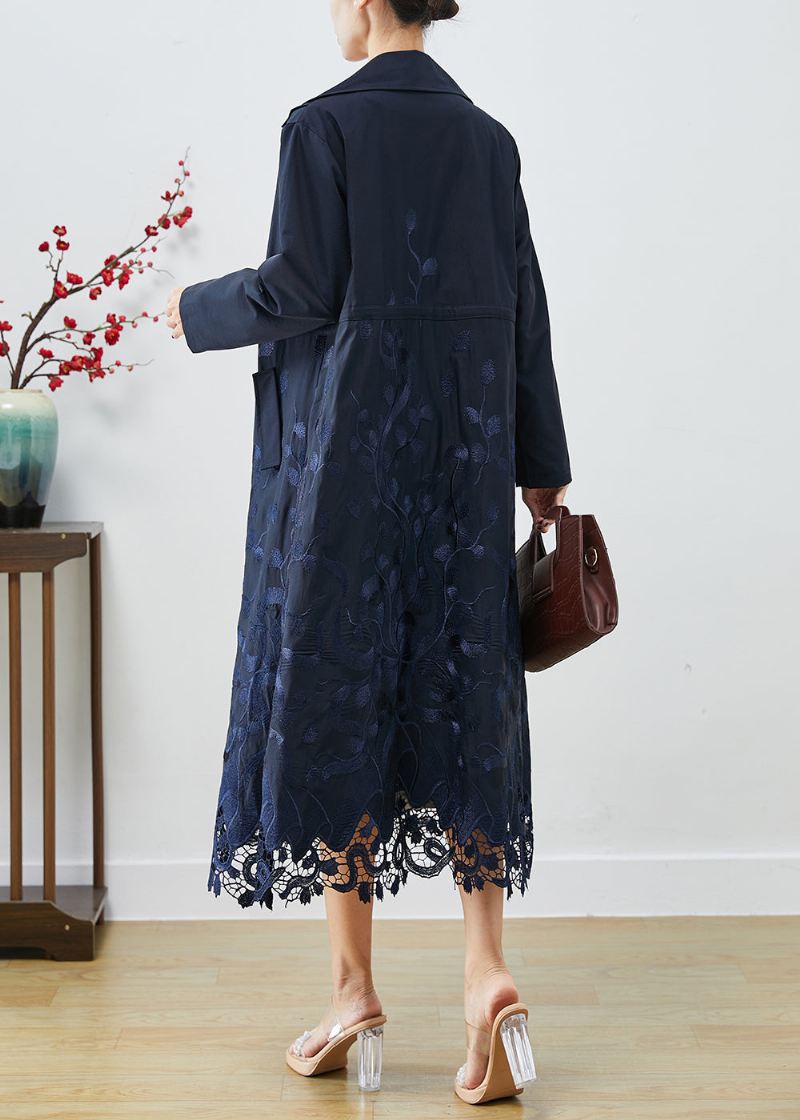 Bohemian Navy Brodert Tie Midje Spandex Trench Coats Høst - Trenchcoats for kvinner