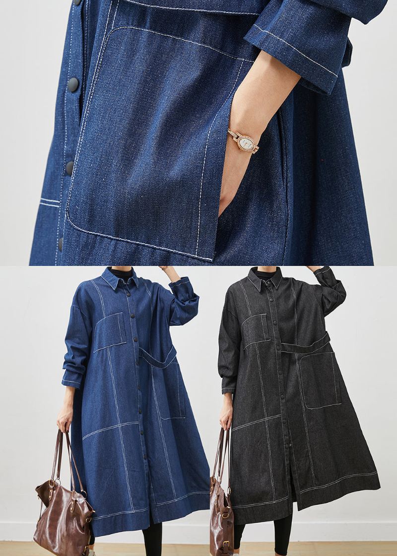 Bohemian Navy Oversized Lommer Denim Coat Spring - Trenchcoats for kvinner