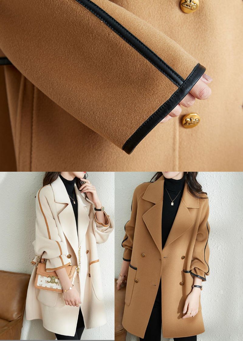 Bohemian White Lapel Patchwork Pu Ull Trench Coat Høst - Trenchcoats for kvinner