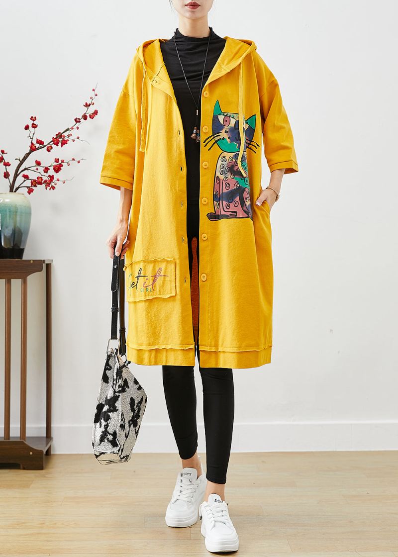 Bohemian Yellow Hette Cat Print Cotton Coat Outwear Fall