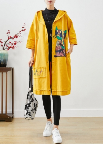 Bohemian Yellow Hette Cat Print Cotton Coat Outwear Fall