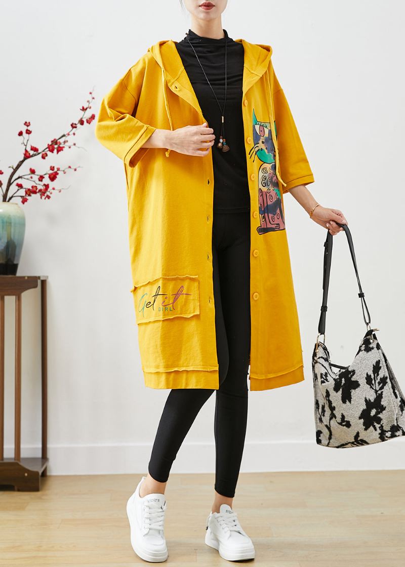 Bohemian Yellow Hette Cat Print Cotton Coat Outwear Fall - Trenchcoats for kvinner