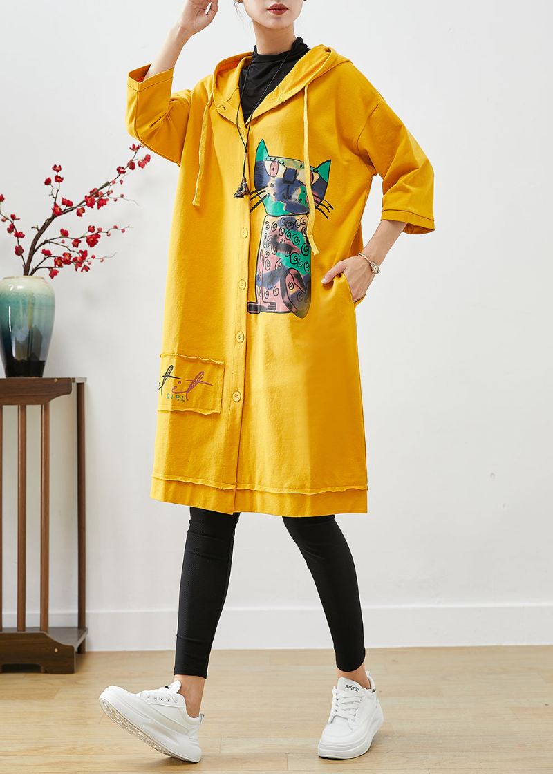 Bohemian Yellow Hette Cat Print Cotton Coat Outwear Fall - Trenchcoats for kvinner