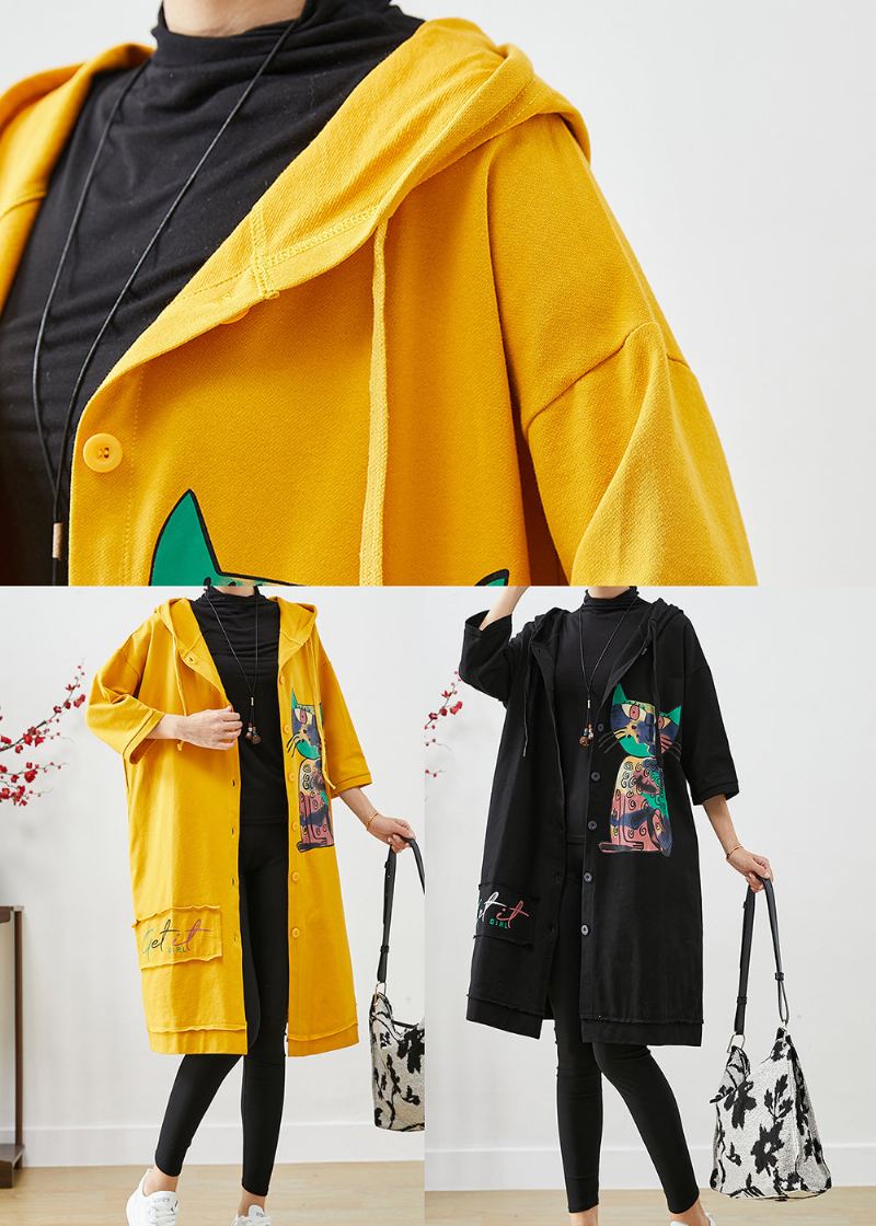 Bohemian Yellow Hette Cat Print Cotton Coat Outwear Fall - Trenchcoats for kvinner