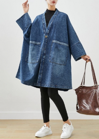 Boho Blå Overdimensjonerte Lommer Denim Trench Coats Batwing Sleeve