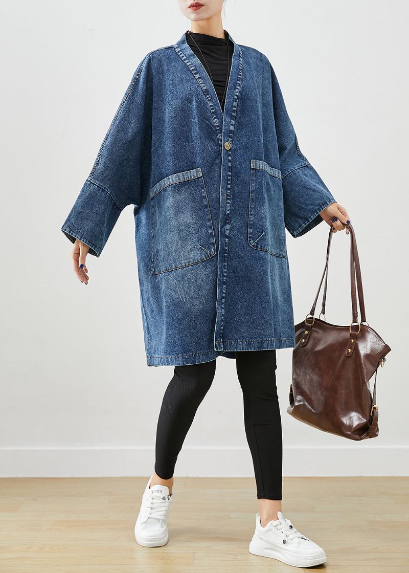 Boho Blå Overdimensjonerte Lommer Denim Trench Coats Batwing Sleeve - Trenchcoats for kvinner