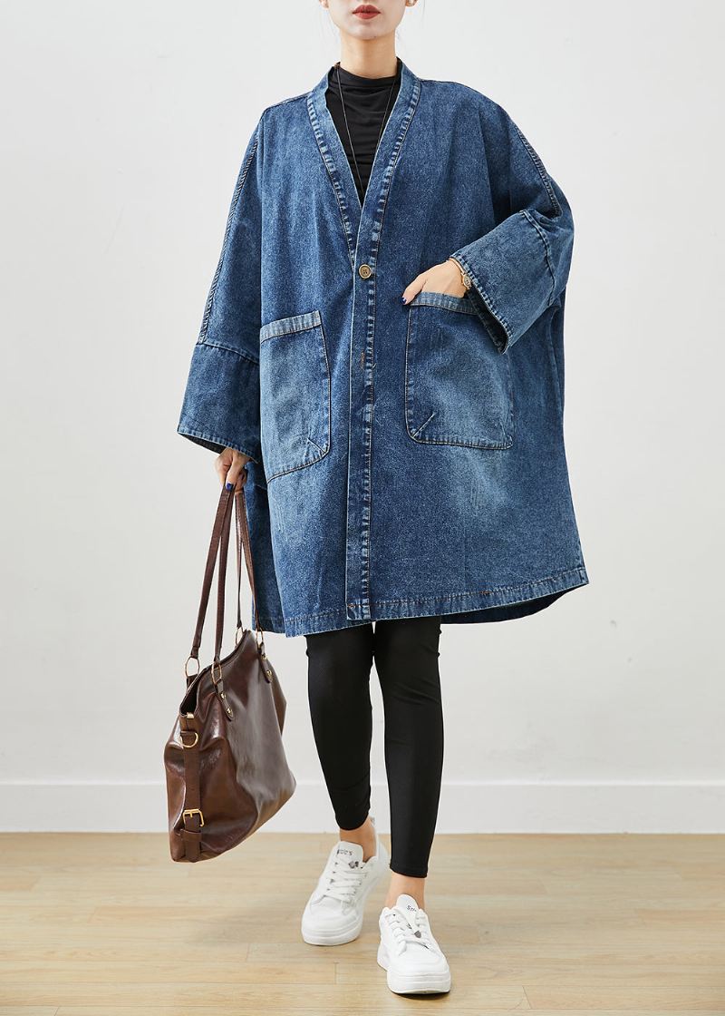 Boho Blå Overdimensjonerte Lommer Denim Trench Coats Batwing Sleeve - Trenchcoats for kvinner