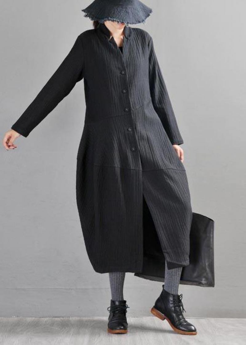 Boho Black Button Lang Lin Trench Coat - Svart