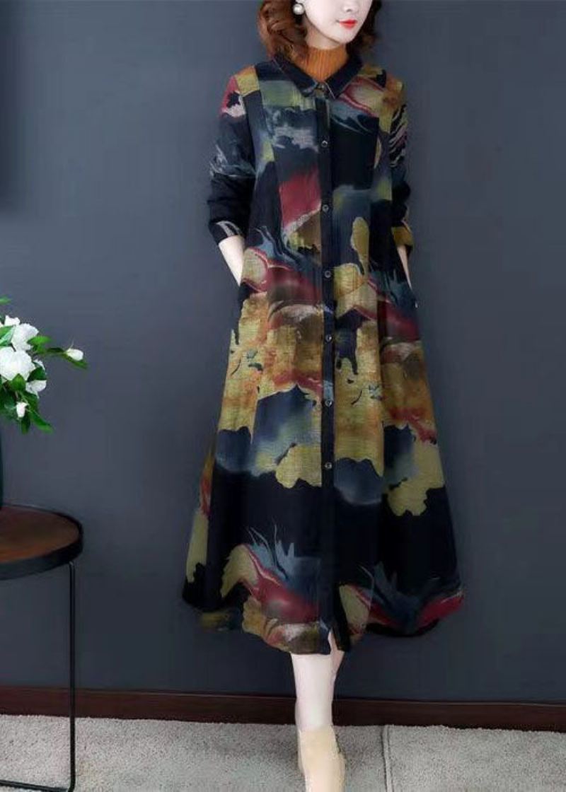 Boho Black Turn-down Krage Print Cotton Long Trench Coats Langermet