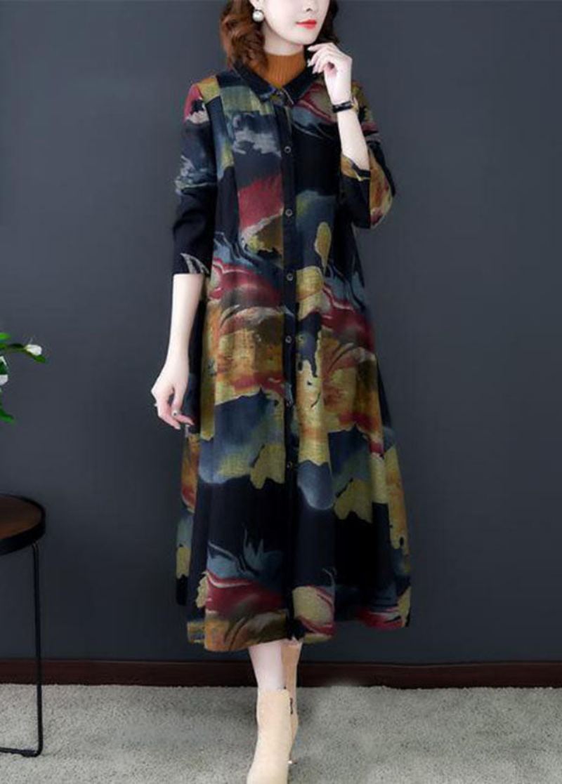 Boho Black Turn-down Krage Print Cotton Long Trench Coats Langermet - Trenchcoats for kvinner