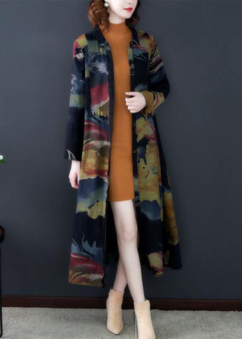 Boho Black Turn-down Krage Print Cotton Long Trench Coats Langermet - Trenchcoats for kvinner