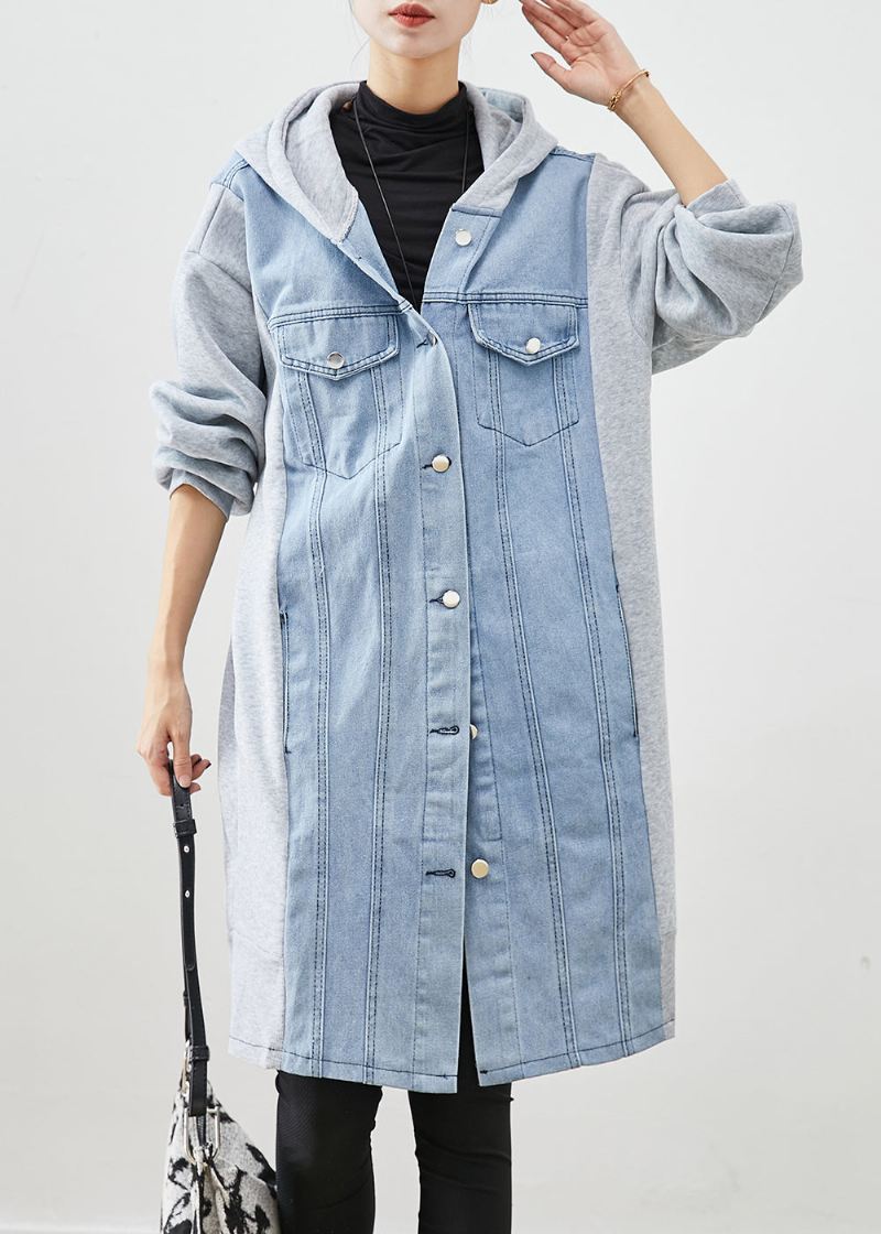 Boho Blue Hette Denim Patchwork Cotton Trench Fall