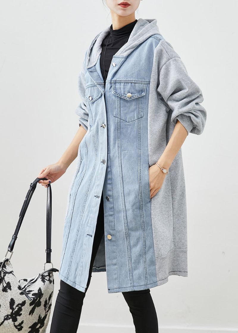 Boho Blue Hette Denim Patchwork Cotton Trench Fall - Trenchcoats for kvinner