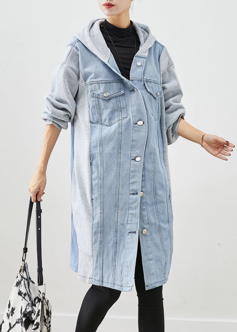 Boho Blue Hette Denim Patchwork Cotton Trench Fall - Trenchcoats for kvinner