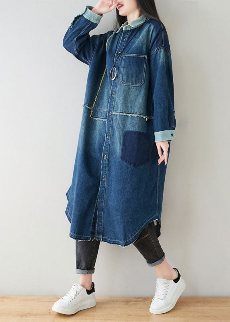 Boho Denim Blå Peter Pan Krage Patchwork Oversized Cotton Trench Spring