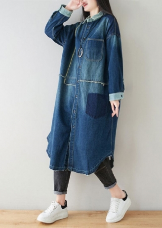 Boho Denim Blå Peter Pan Krage Patchwork Oversized Cotton Trench Spring