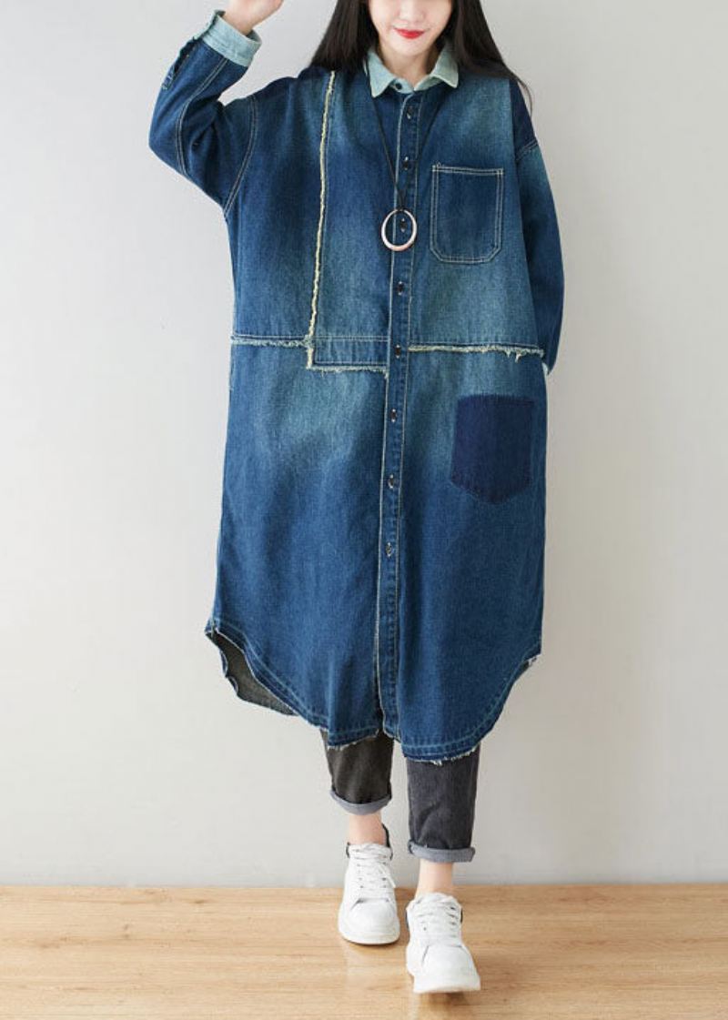 Boho Denim Blå Peter Pan Krage Patchwork Oversized Cotton Trench Spring - Trenchcoats for kvinner