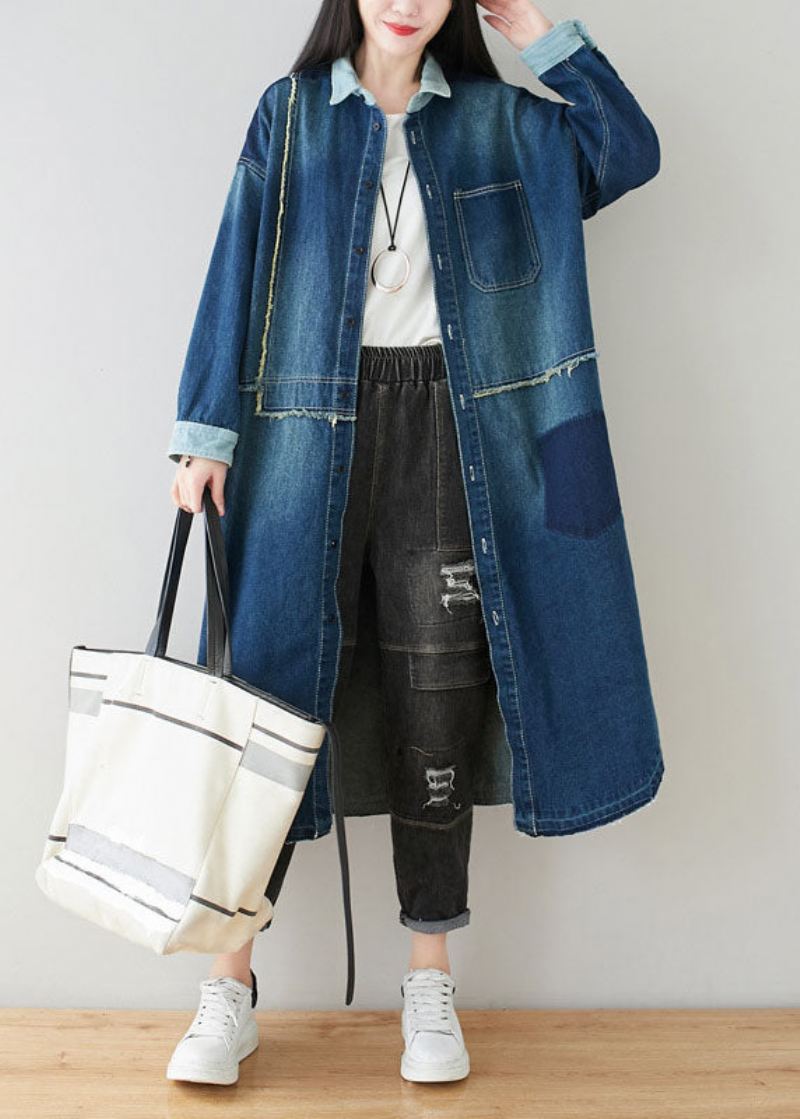 Boho Denim Blå Peter Pan Krage Patchwork Oversized Cotton Trench Spring - Trenchcoats for kvinner