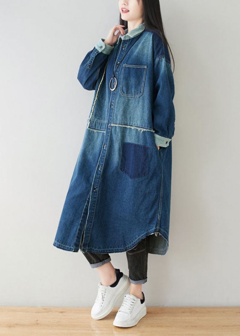 Boho Denim Blå Peter Pan Krage Patchwork Oversized Cotton Trench Spring - Trenchcoats for kvinner