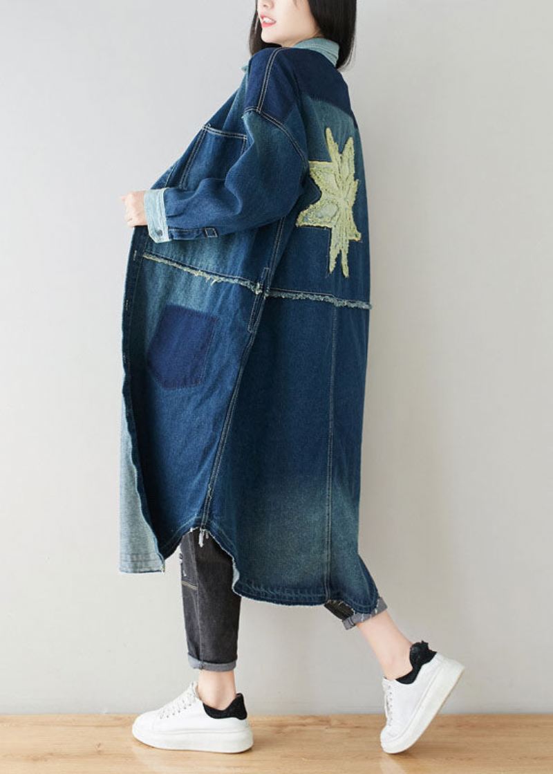 Boho Denim Blå Peter Pan Krage Patchwork Oversized Cotton Trench Spring - Trenchcoats for kvinner