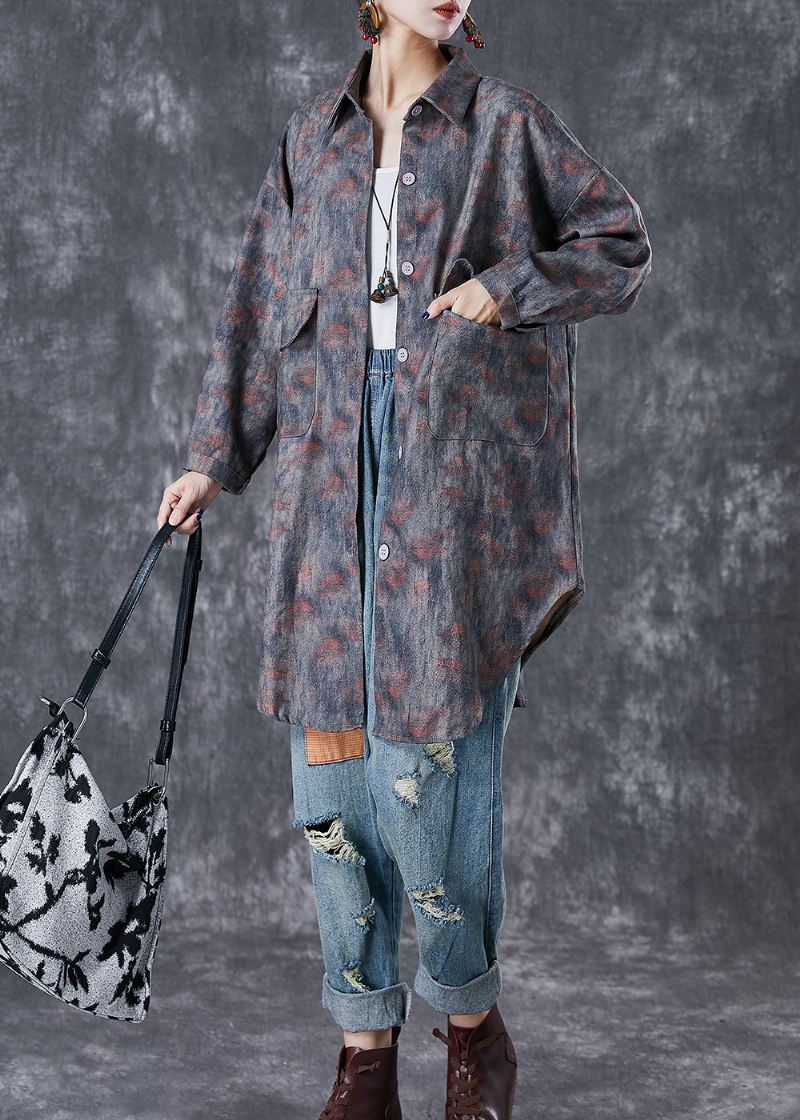 Boho Grey Oversized Tie Dye Lommer Bomullsjakker Høst - Trenchcoats for kvinner