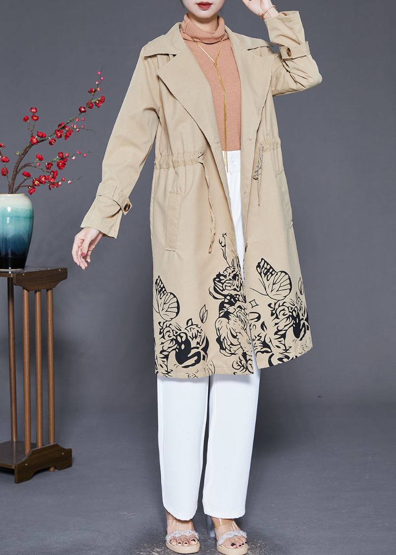 Boho Khaki Cinched Print Cotton Coat Outwear Fall - Trenchcoats for kvinner