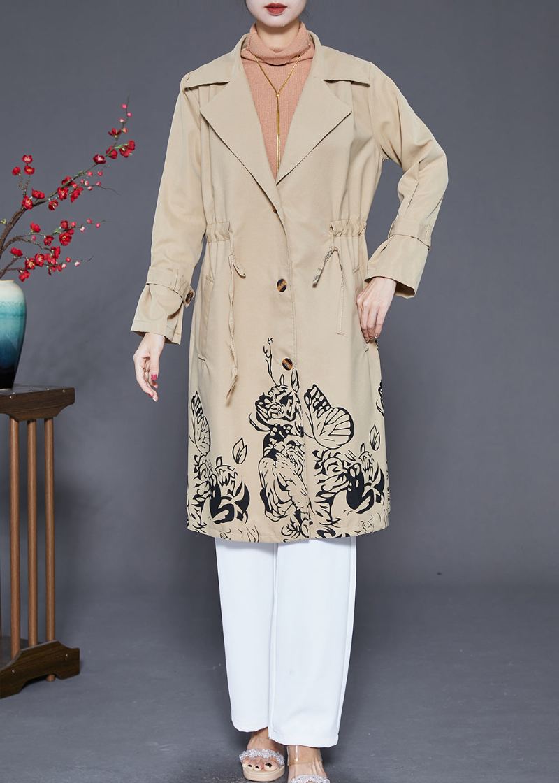 Boho Khaki Cinched Print Cotton Coat Outwear Fall - Trenchcoats for kvinner