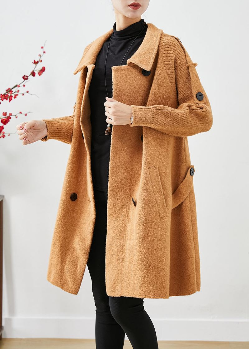 Boho Light Camel Dobbel Bryst Patchwork Strikk Ull Trench Coats Høst - Trenchcoats for kvinner