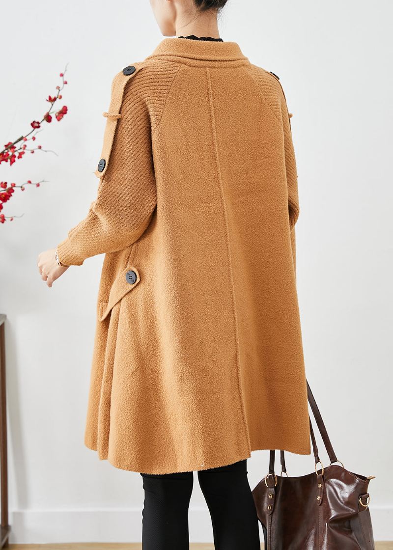 Boho Light Camel Dobbel Bryst Patchwork Strikk Ull Trench Coats Høst - Trenchcoats for kvinner