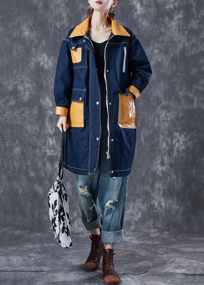 Boho Navy Oversized Patchwork Lommer Denim Coat Yttertøy Høst